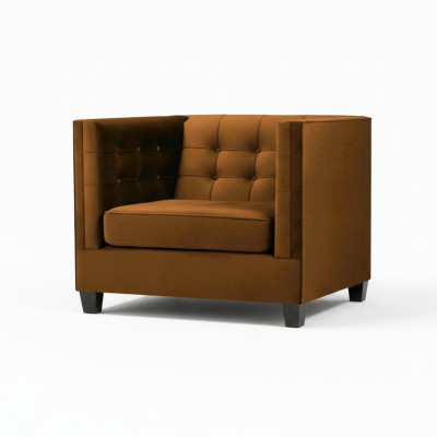 Moderne fauteuil Chesterfield van textiel stof in het bruin. Creatieve meubels voor de woonkamer.