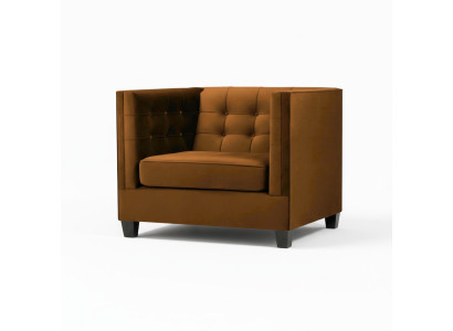 Moderne fauteuil Chesterfield van textiel stof in het bruin. Creatieve meubels voor de woonkamer.