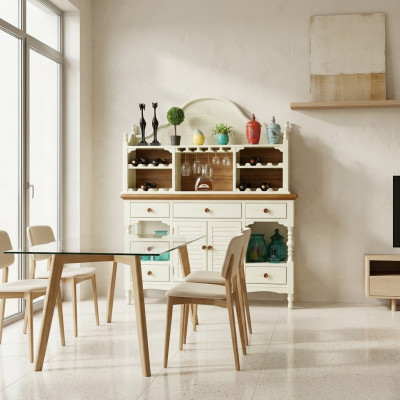 Opstellen meubels dressoir console bijzettafel houten plank kast woonkamer hout luxe