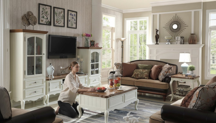 Landhuis Stol woonkamer vitrine dressoir tv houten kast meubels 3-delig
