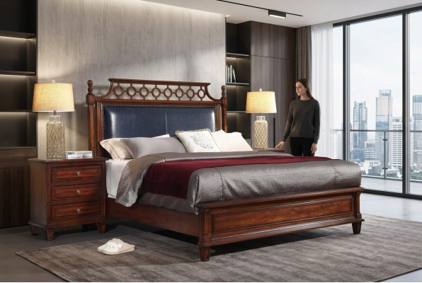 Echt houten bed lederen 3-delige set commode slaapkamer Gründerzeit garnituur groep
