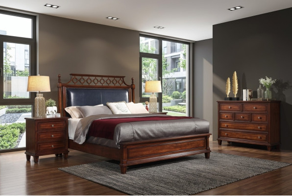 Echt houten bed lederen 3-delige set commode slaapkamer Gründerzeit garnituur groep