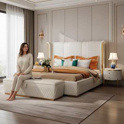 Tweepersoonsbed, klassiek bed, designer gestoffeerde bedden frame, textiel, leer, wit