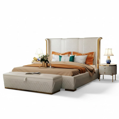 Tweepersoonsbed, klassiek bed, designer gestoffeerde bedden frame, textiel, leer, wit