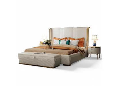 Tweepersoonsbed, klassiek bed, designer gestoffeerde bedden frame, textiel, leer, wit