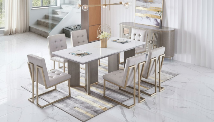 Eetkamer design meubilair, stoelengroep, tafel, 6 leuningstoelen, set meubilair nieuw.