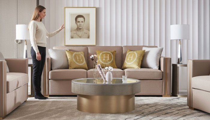Driedelig ontwerp gestoffeerde stoel textiel bank 3-zits meubels Beige Nieuw luxe meubels.