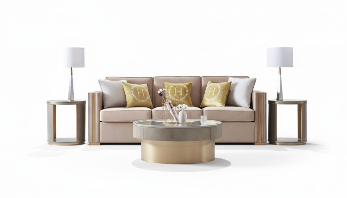 Driedelig ontwerp gestoffeerde stoel textiel bank 3-zits meubels Beige Nieuw luxe meubels.