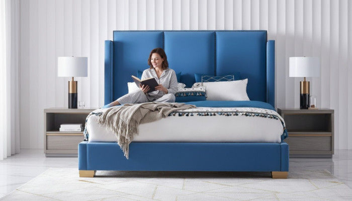 Slaapkamer Design luxe Bed 180x200 Textiel Tweepersoonsbedframe Blauw