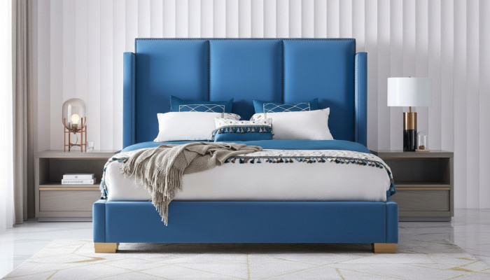 Slaapkamer Design luxe Bed 180x200 Textiel Tweepersoonsbedframe Blauw
