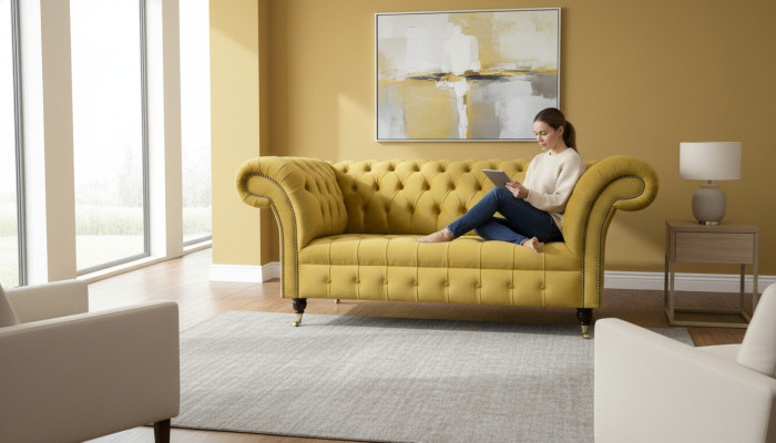 Chesterfield Design Luxury Sofa Couch Set Upholstered in Fabric Yellow New