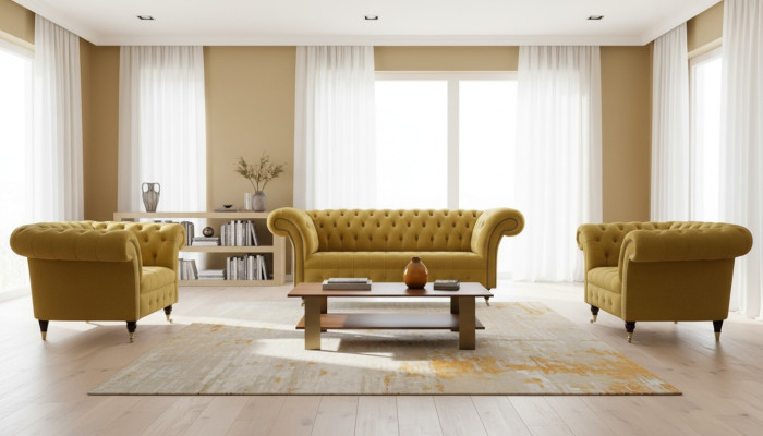 Chesterfield Design Luxury Sofa Couch Set Upholstered in Fabric Yellow New