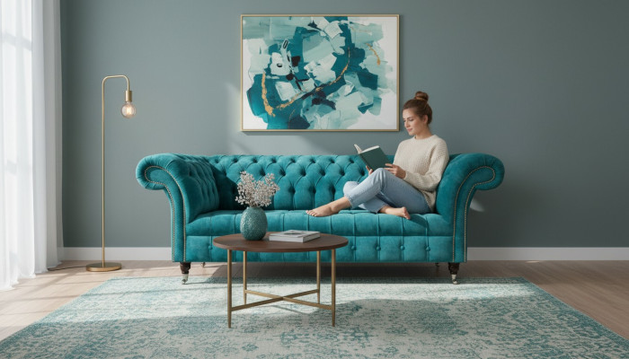 Chesterfield bank gestoffeerde bankstellen Klassieke textiel Turquoise 3-zits.