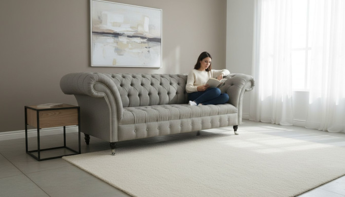 Grijze Chesterfield sofa bank stoffen lederen bank fluwelen set