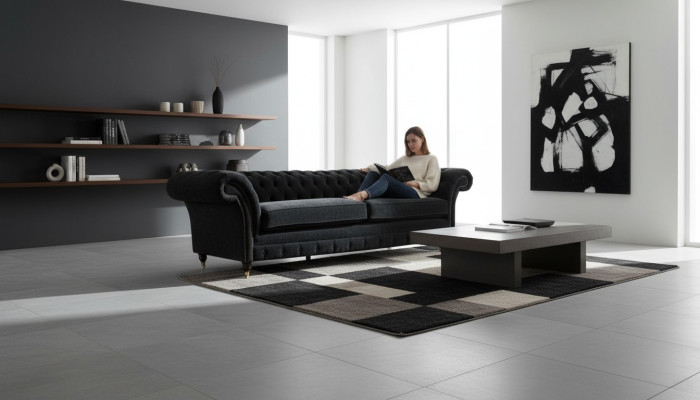 Grote bank 4-zits bank Chesterfield bekleding lederen textiel zwart