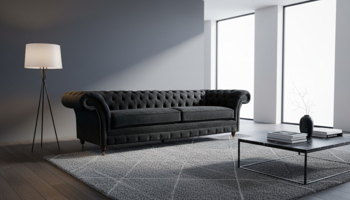 Grote bank 4-zits bank Chesterfield bekleding lederen textiel zwart