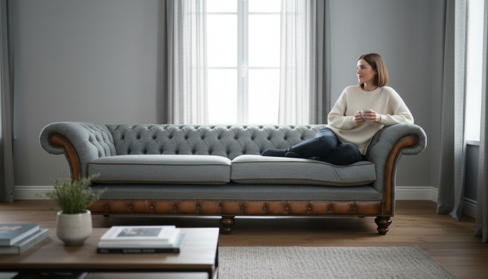 Grote xxl bankstel 4 zits bank Chesterfield bekleding leer textiel grijs