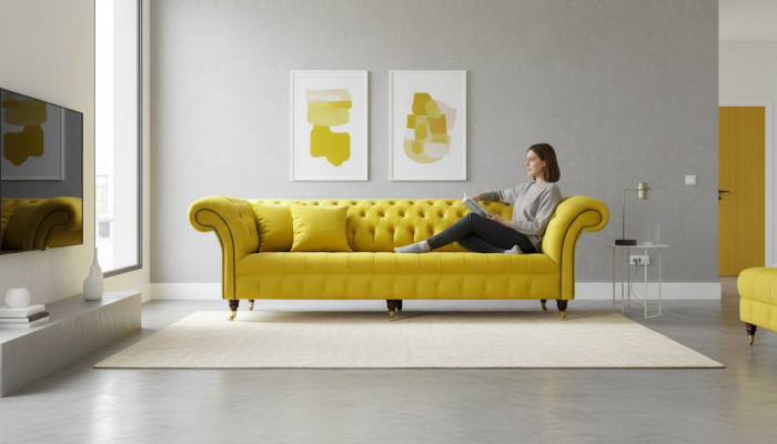Gele bank 4-zits bank Chesterfield gestoffeerd zitstel leer textiel geel