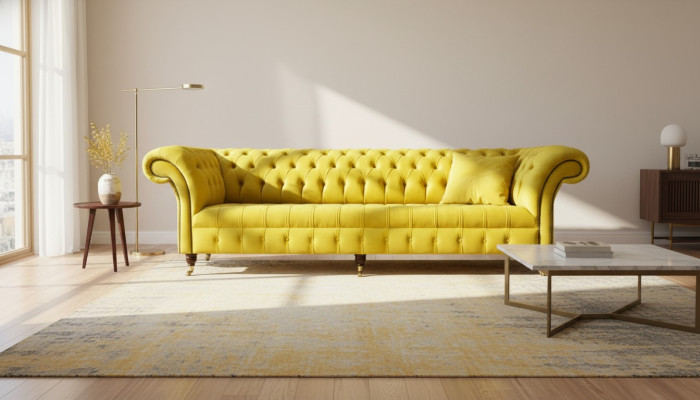 Gele bank 4-zits bank Chesterfield gestoffeerd zitstel leer textiel geel