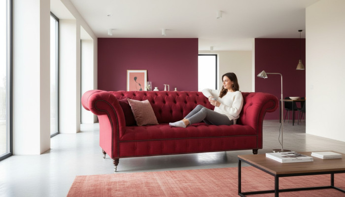 Drietsofa-ontwerp met stoffen bekleding in Chesterfield-stijl, luxe rode banken.