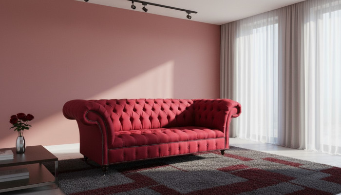 Drietsofa-ontwerp met stoffen bekleding in Chesterfield-stijl, luxe rode banken.