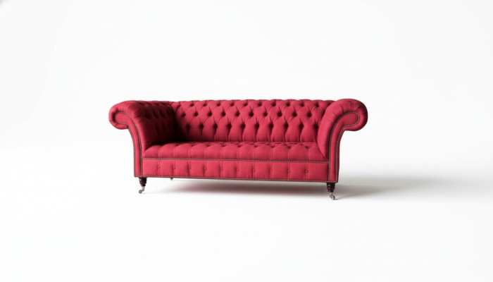 Drietsofa-ontwerp met stoffen bekleding in Chesterfield-stijl, luxe rode banken.