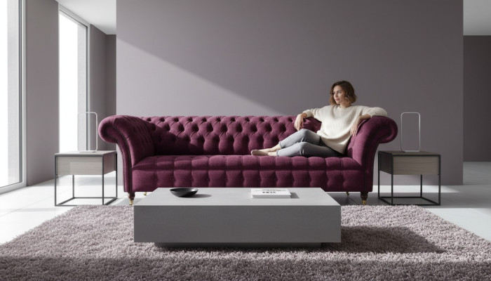 Bankstel 3-zits Chesterfield banken bankstellen woonkamer design textiel stof bordeaux