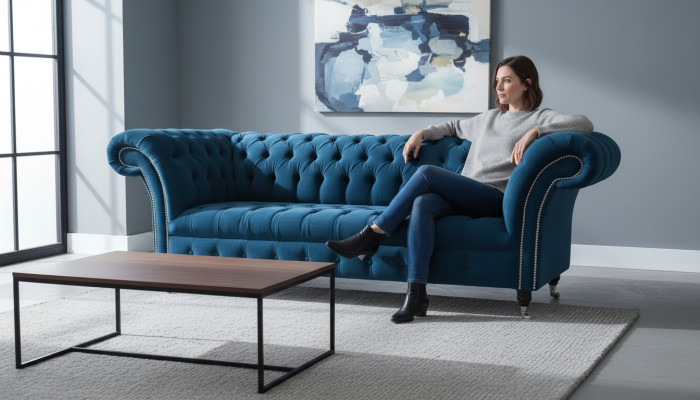 Ontwerper Bank Zitkussen 3-Zits Blauwe Stoffen Bankstelbank Turquoise Nieuw