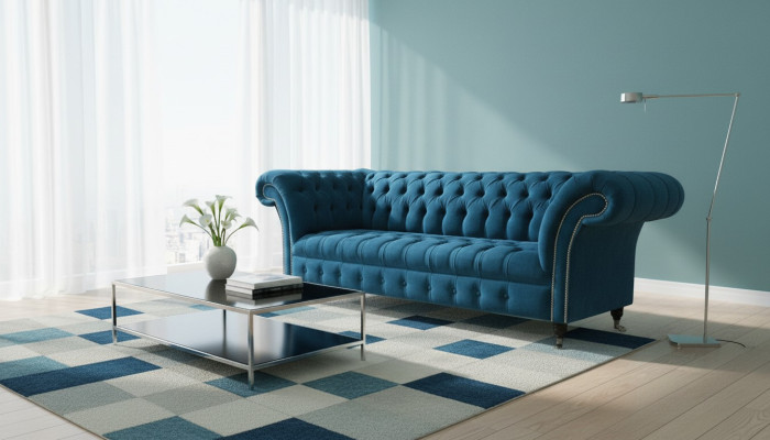 Ontwerper Bank Zitkussen 3-Zits Blauwe Stoffen Bankstelbank Turquoise Nieuw