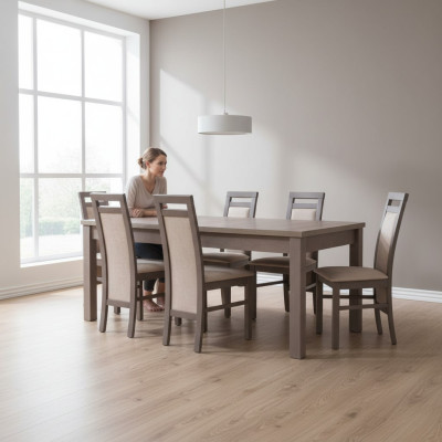Nobel houten tafelset 7-delig. Woon- eetkamer 6x fauteuil stoel zitting