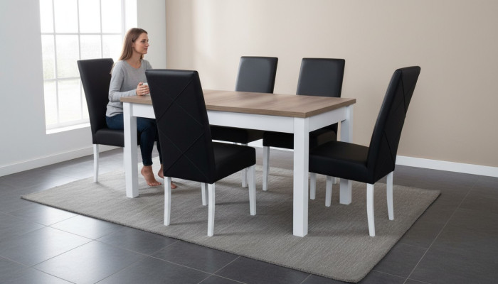 Complete eettafel 6 stoelen eetkamerset eetgroep hout lederen tafel tafels 7-delige