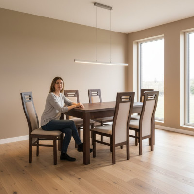 Houten eettafel met 6 stoelen set, inrichting kamer groep 7 dlg. Tafels en stoelen nieuw