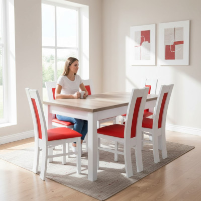 Eetkamerset 7-delige set. Rood 6x stoel tafel compleet groep leuning.