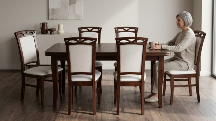 Klassieke tafel Eettafel Eetkamer Houten set 6x stoelset Stoelen Leuning 7-delig