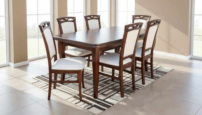 Klassieke tafel Eettafel Eetkamer Houten set 6x stoelset Stoelen Leuning 7-delig