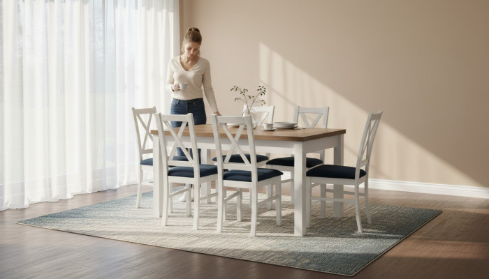 Eettafel set Tafel 6x stoelen Stoel Eetkamer set Tafel Hout Textiel 7-delig
