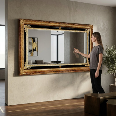 Klassieke wandspiegel houten frame spiegel meubelen 107x197 glazen frame wand goud