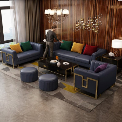 Blauw leren bankstel 3+2 zits set gestoffeerde banken woonkamer bankstellen