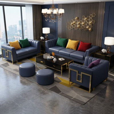 Blauw leren bankstel 3+2 zits set gestoffeerde banken woonkamer bankstellen