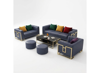 Blauw leren bankstel 3+2 zits set gestoffeerde banken woonkamer bankstellen