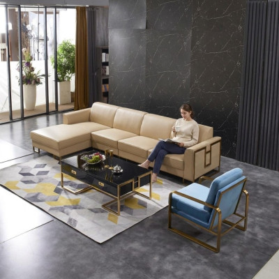 Moderne bank L-vormige bank fauteuil salontafel voetenbank hoekbank bekleding