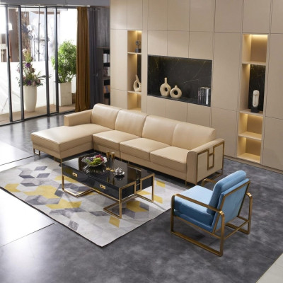 Moderne bank L-vormige bank fauteuil salontafel voetenbank hoekbank bekleding