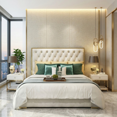 Tweepersoonsbed Slaapkamer Luxe Hotel Huwelijksbed 2x Nachtkastje 3-delige Set Bedden