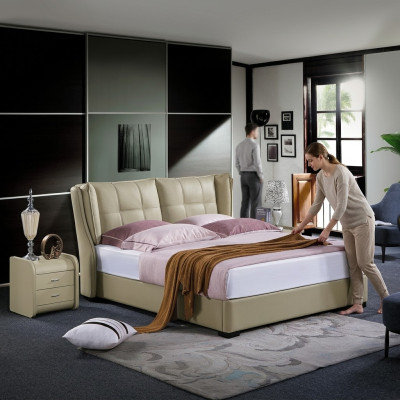 Klassieke slaapkamer bed Beige Textiel Bedden Lederen Bekleding Dubbel 180x200cm.