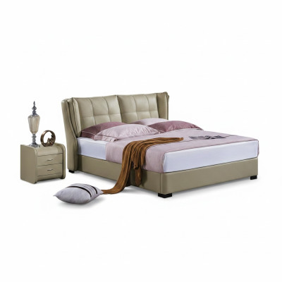Klassieke slaapkamer bed Beige Textiel Bedden Lederen Bekleding Dubbel 180x200cm.
