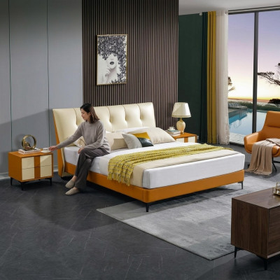 Luxe leren bed tweepersoons huwelijk gestoffeerd hotel compleet set nachtkastjes