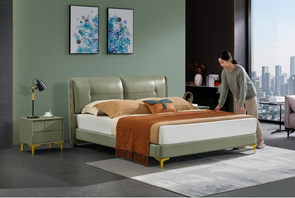 Slaapkamerset Bed Nachtkastje Ontwerp Modern Luxe Bedden Leer 3-delig.