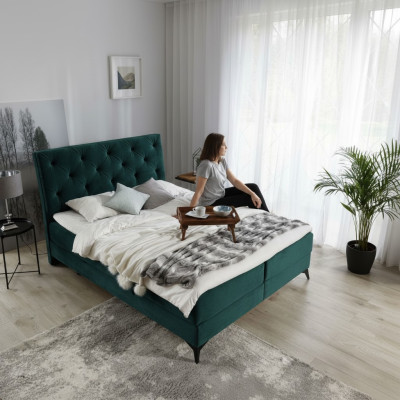 Luxe boxspring bed stof hotel groen bedden slaapkamer meubels design fluweel nieuw