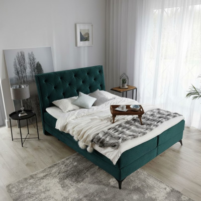 Luxe boxspring bed stof hotel groen bedden slaapkamer meubels design fluweel nieuw