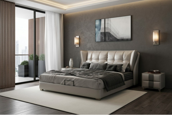 Grijze slaapkamer bedden gestoffeerd bed Chesterfield Italiaanse meubels